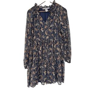 LARK + GREY XL Fit & Flare Paisley Dress Ruffle Neck Balloon‎ Sleeve Navy Brown